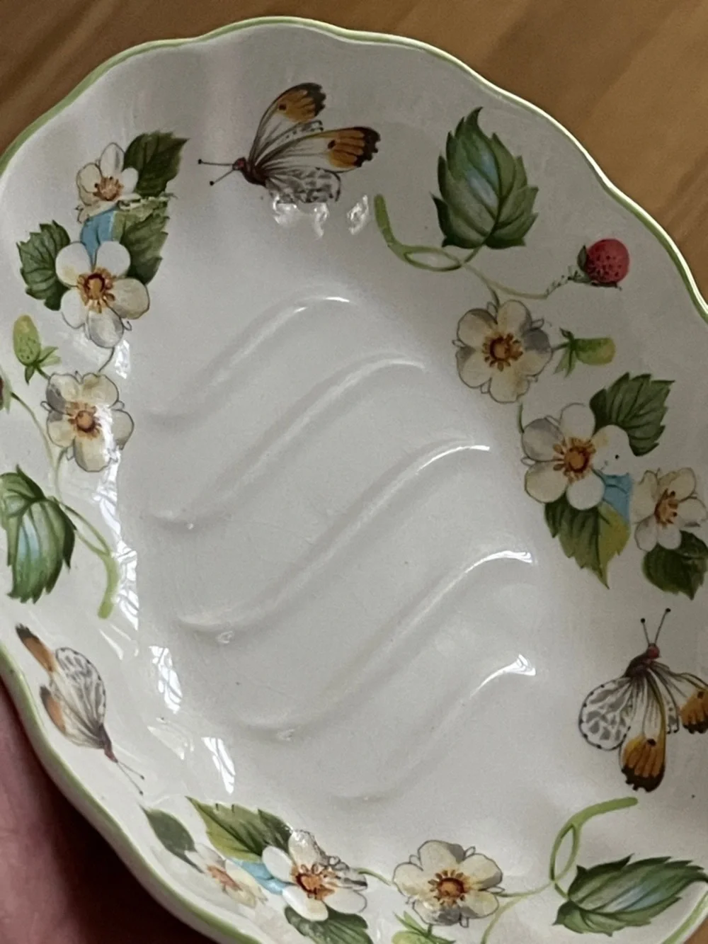 VINTAGE Old Foley Ceramic Floral Soap Dish with Green Trim and Butterfly Accents